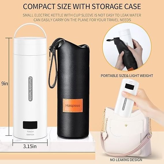 Travel Electric Kettle - Small Portable Mini Tea Coffee Hot Water Kettle Water Boiler for Travel & Work with Cup Bag