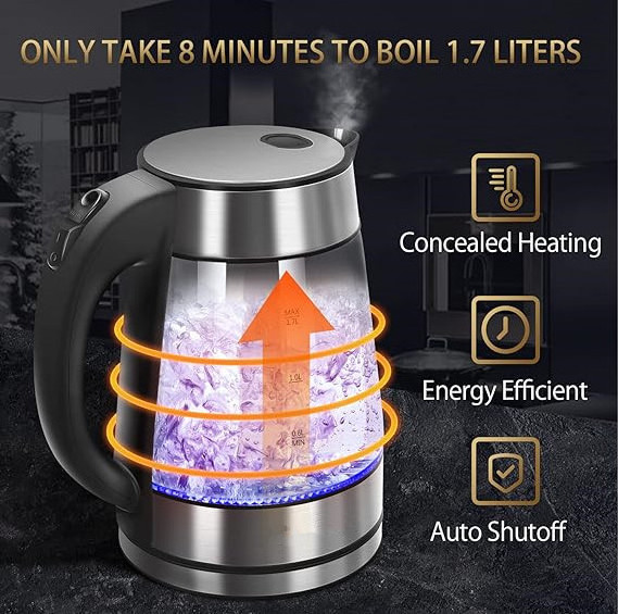 Glass Hot Water Kettle Electric for Tea and Coffee 1.7 Liter Fast Boiling Electric Kettle Cordless Water Boiler