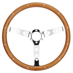 Universal 15" Classic Wood Steering Wheel Grain Round Hole Polished Silver Chrome Spoke wood steering car wheel classic