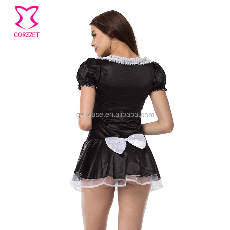 Corzzet Black Satin Halloween Sexy Women Maid Uniform Cosplay Costume