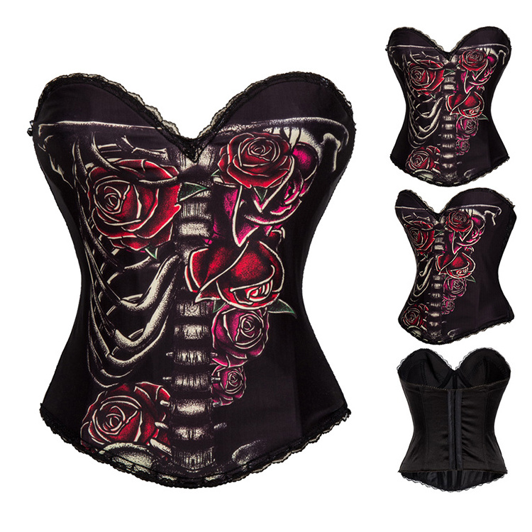 Black Cotton Skull Printed Strapless Shapewear Body Shaper Gothic Corset Top