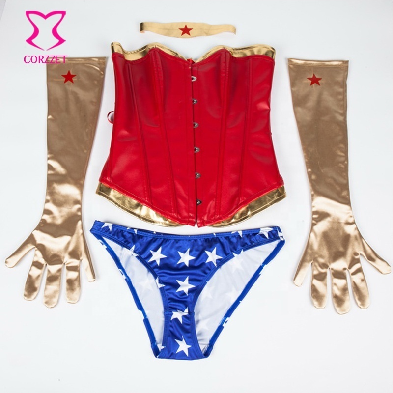 Corzzet Wonder Women Sexy Cosplay Included Red Faux Leather Corset&Gold Gloves&Headband&Blue Thong Halloween Superwoman Costumes