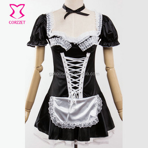 Corzzet Black Satin Halloween Sexy Women Maid Uniform Cosplay Costume