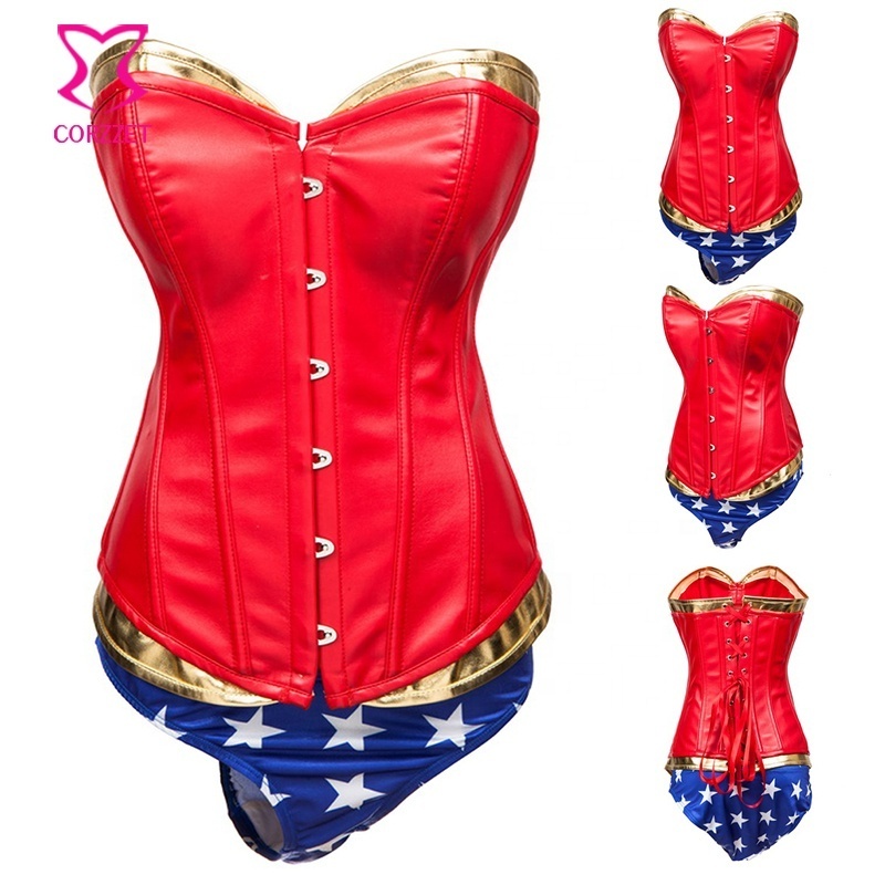 Corzzet Wonder Women Sexy Cosplay Included Red Faux Leather Corset&Gold Gloves&Headband&Blue Thong Halloween Superwoman Costumes