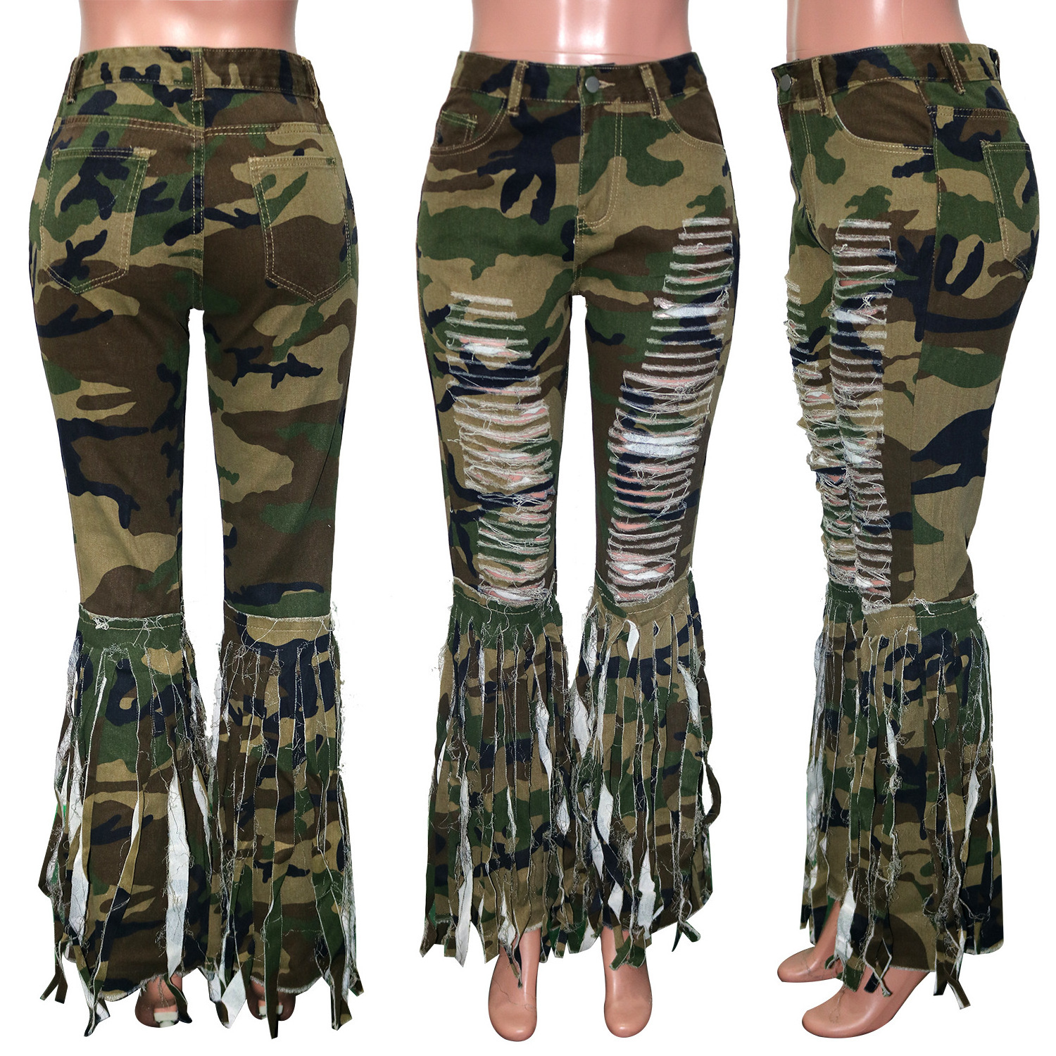 Blue Team custom Wholesale women's jeans fringed denim shorts women's jeans casual Camouflage green tight jeans women