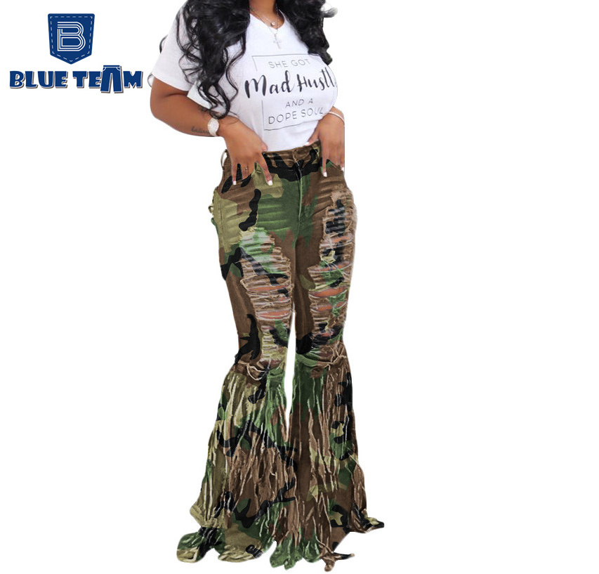 Blue Team custom Wholesale women's jeans fringed denim shorts women's jeans casual Camouflage green tight jeans women