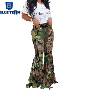 Blue Team custom Wholesale women's jeans fringed denim shorts women's jeans casual Camouflage green tight jeans women