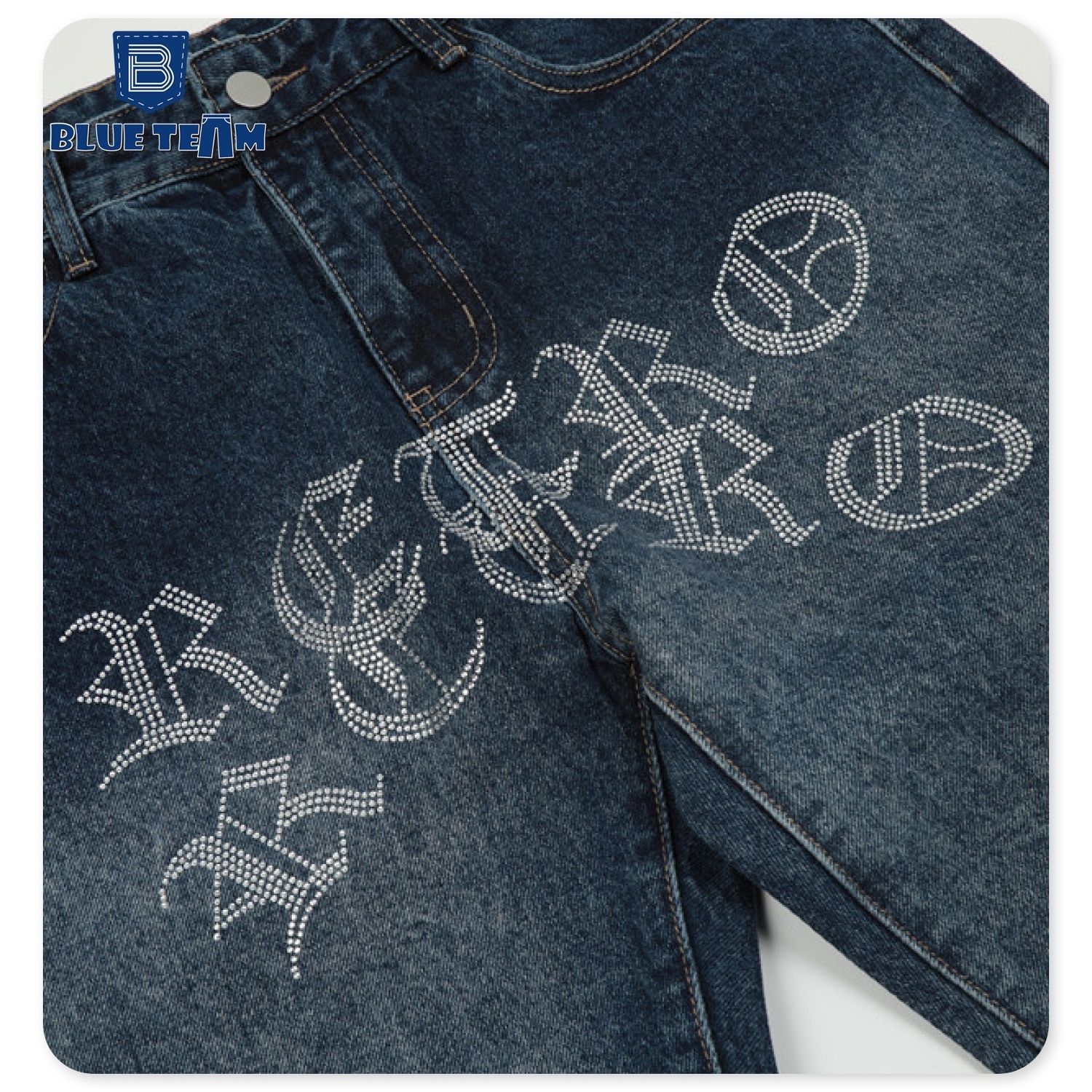 Blue Team | Custom mens denim pants manufacturer letter rhinestones denim jeans washed baggy raw hem flare jeans men