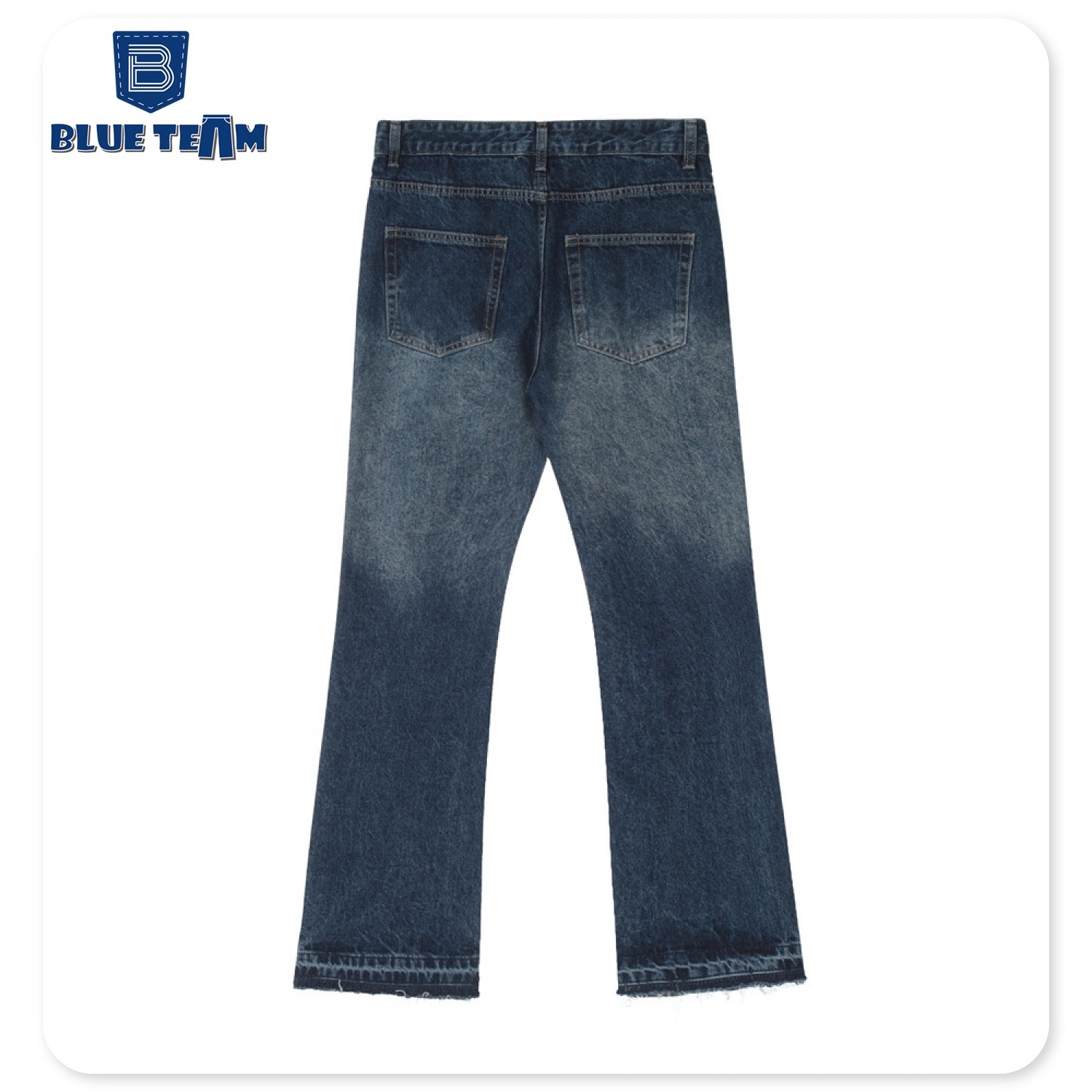 Blue Team | Custom mens denim pants manufacturer letter rhinestones denim jeans washed baggy raw hem flare jeans men