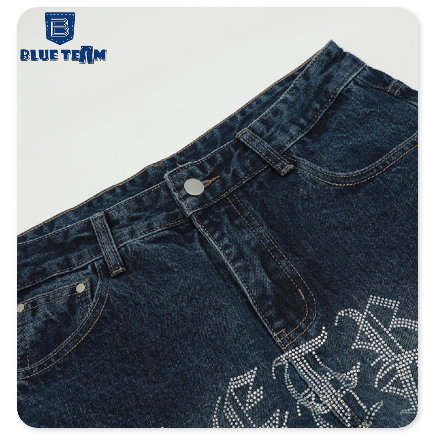 Blue Team | Custom mens denim pants manufacturer letter rhinestones denim jeans washed baggy raw hem flare jeans men