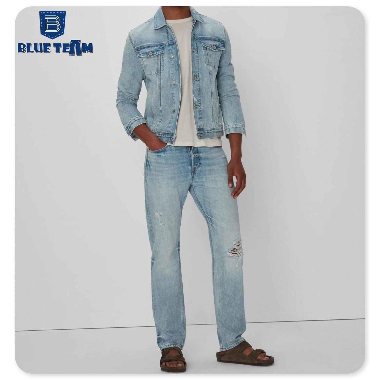 Blue Team | Custom mens denim set 2023 winter moto biker jeans suits washed blue ripped denim pants skinny  long sleeves jacket