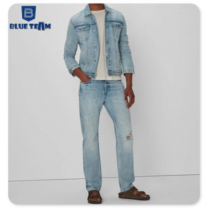 Blue Team | Custom mens denim set 2023 winter moto biker jeans suits washed blue ripped denim pants skinny  long sleeves jacket