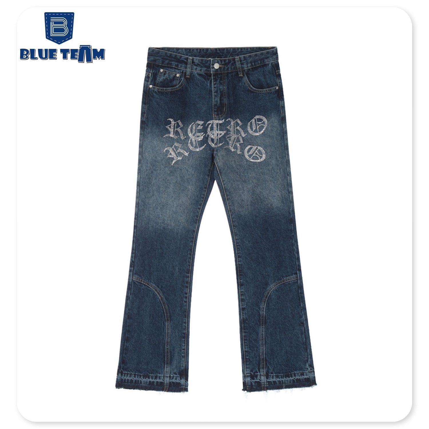 Blue Team | Custom mens denim pants manufacturer letter rhinestones denim jeans washed baggy raw hem flare jeans men