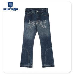 Blue Team | Custom mens denim pants manufacturer letter rhinestones denim jeans washed baggy raw hem flare jeans men