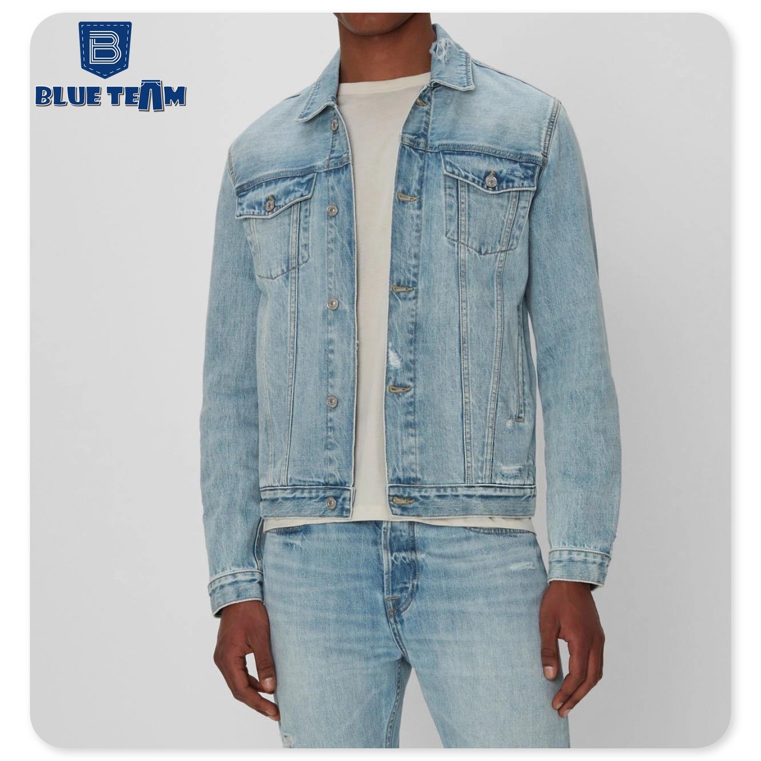 Blue Team | Custom mens denim set 2023 winter moto biker jeans suits washed blue ripped denim pants skinny  long sleeves jacket