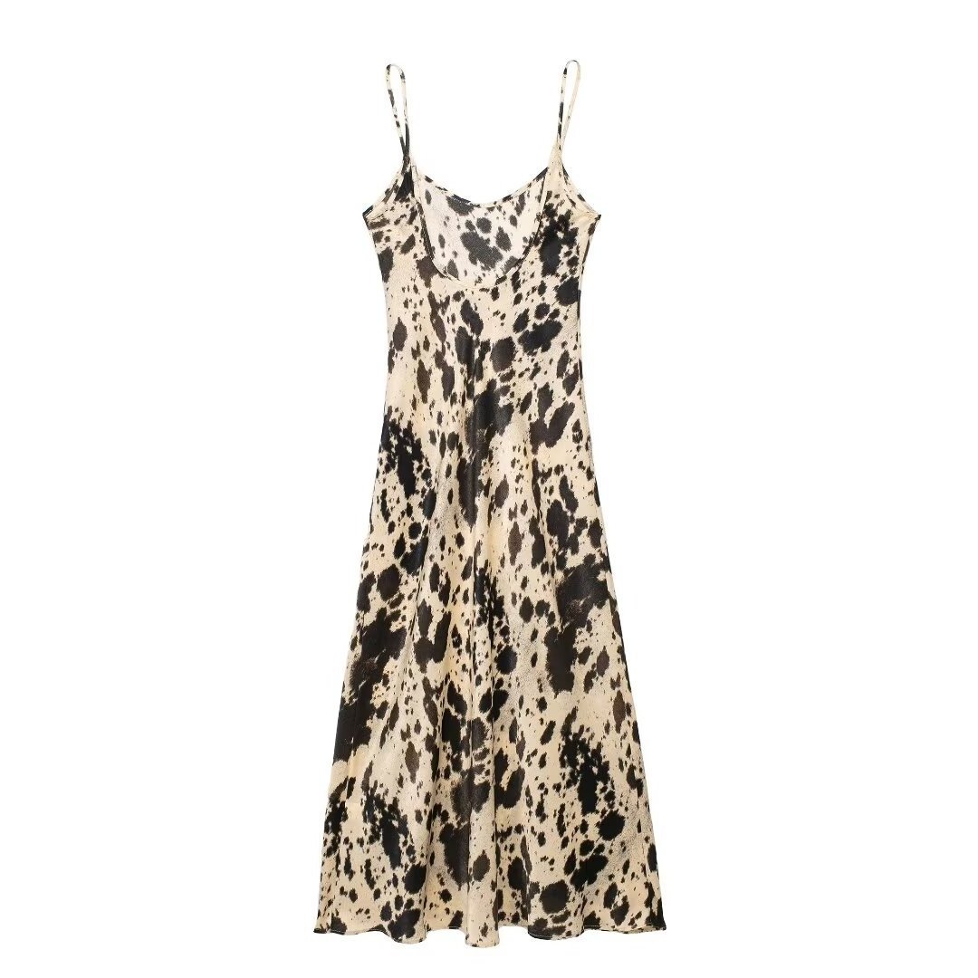 European-style women's dress with animal print silk satin texture