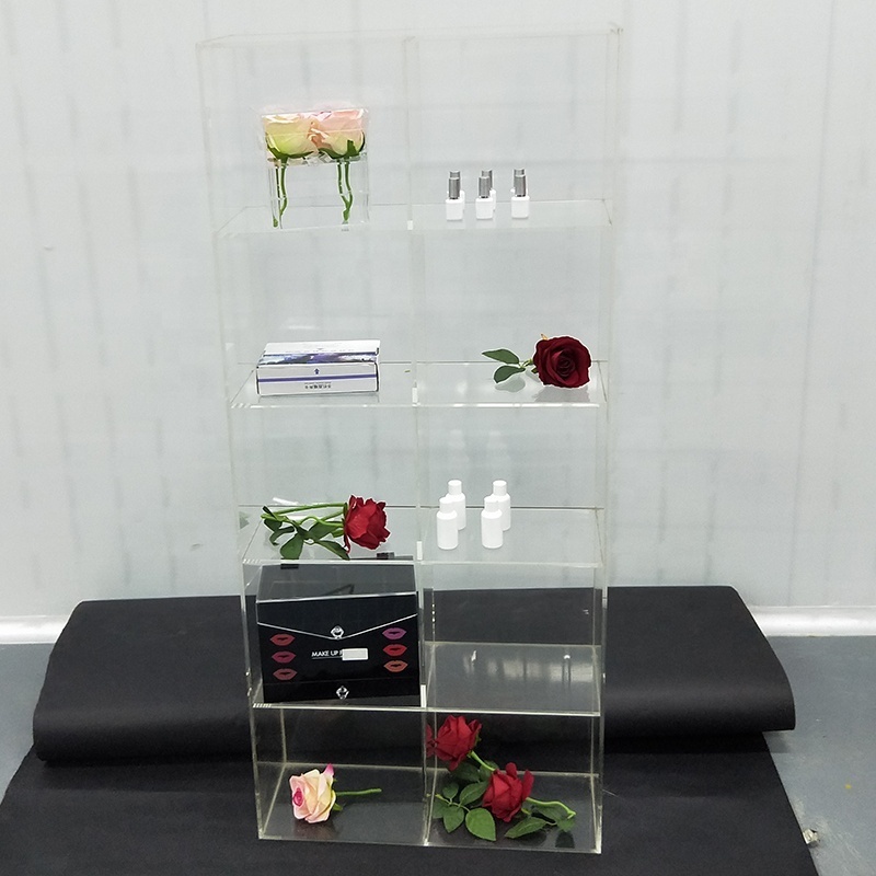 Custom made clear acrylic shop handbag wallet display shelf showcase cosmetic display rack doll toys display cabinet