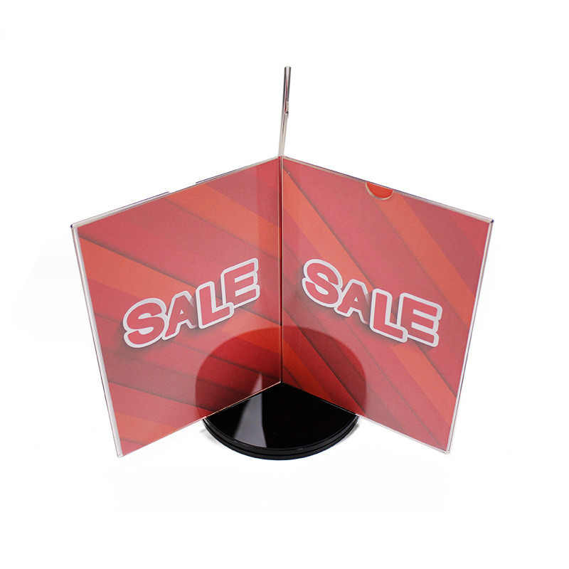 3 sides rotating acrylic display stand tabletop brochure menu card sign holder with round base