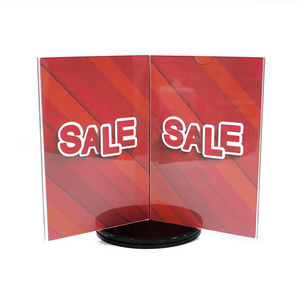 3 sides rotating acrylic display stand tabletop brochure menu card sign holder with round base