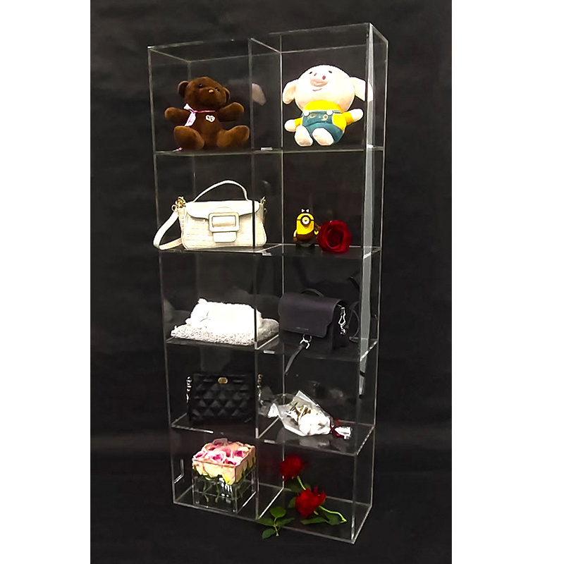 Custom made clear acrylic shop handbag wallet display shelf showcase cosmetic display rack doll toys display cabinet