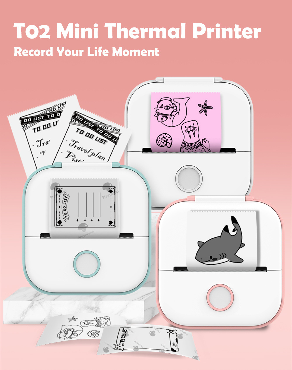 Phomemo T02 203dpi 53mm Printing Stickers Wireless Inkless Mini Pocket Label Adhesive Notes Portable Photo Printer