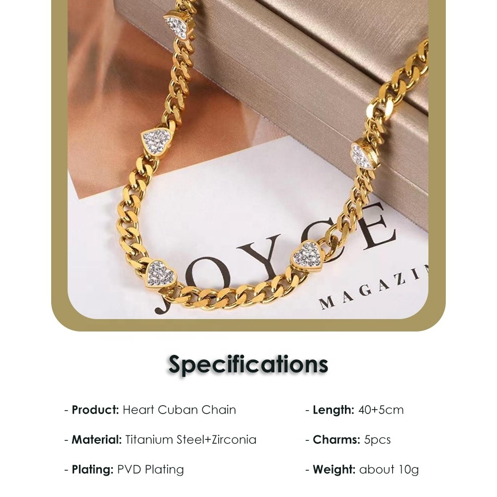 New Arrival Golden Supplier Necklace Waterproof Cuban Link Chain Heart Pendant Stainless Steel Necklace For Women