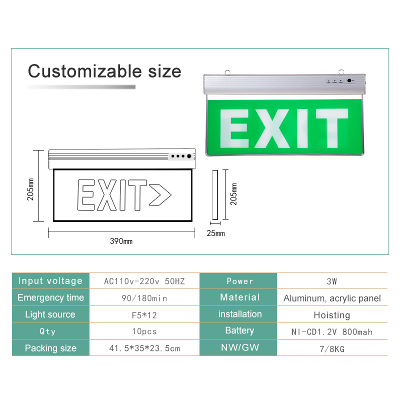 800MAH 3W 90min rechargeable charging light led exit sign lights fire alarm emergency led light