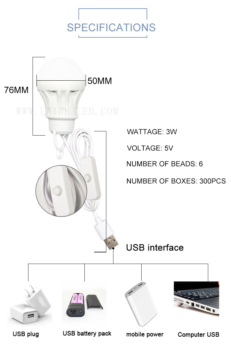 Outdoor DC5V USB bulb Hanging Lamp LED Bulb with Switch 3W LED Light Bulb For Adapter Power Bank