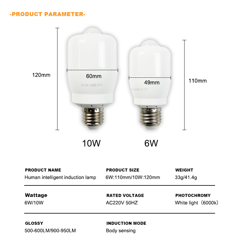 NEW AC220V 6W 10W Smart Automatic On Off PIR motion Sensor E27 LED Bulb Light infrared PIR Motion Sensor Smart LED Bulb