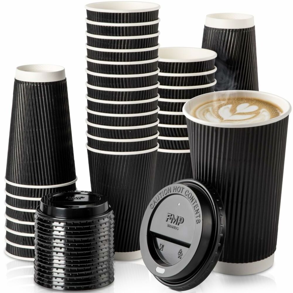 Disposable 100% Bio-degradable 16oz black Paper Cup Hot Double Wall Coffee Cup Kraft Paper Cups With Lids