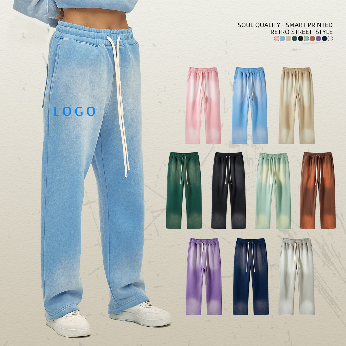 Manufacturer Streetwear Elastic Drawstring 300 gsm Fleece Custom Acid Gradient Wash Straight Fit Men Jogger Flare Sweatpants