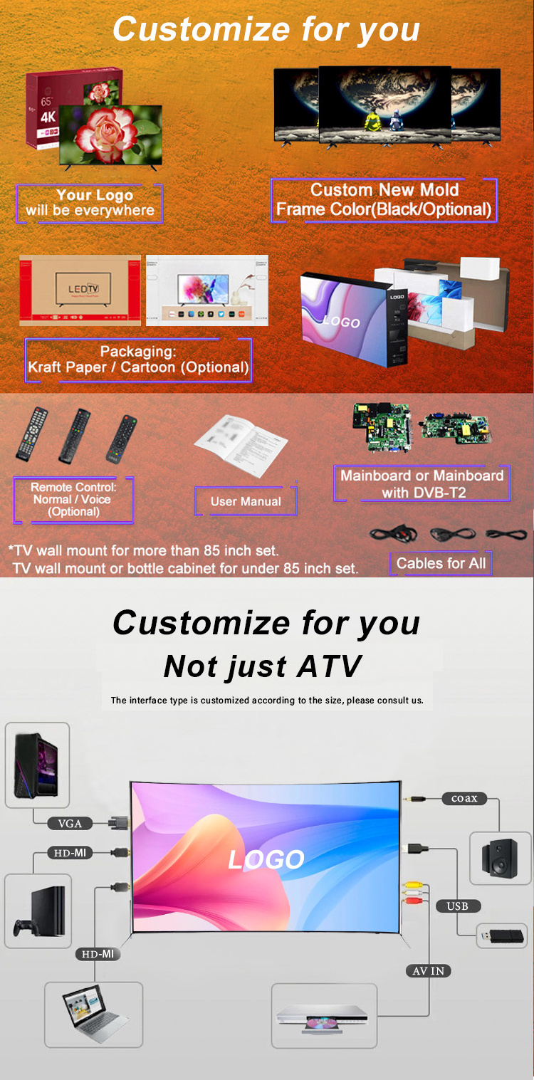 custom logo OEM unbreakable led tv smart 65 75 85 inch Android TV 4K Ultra HD Curved Big Screen wifi inteligentes Television