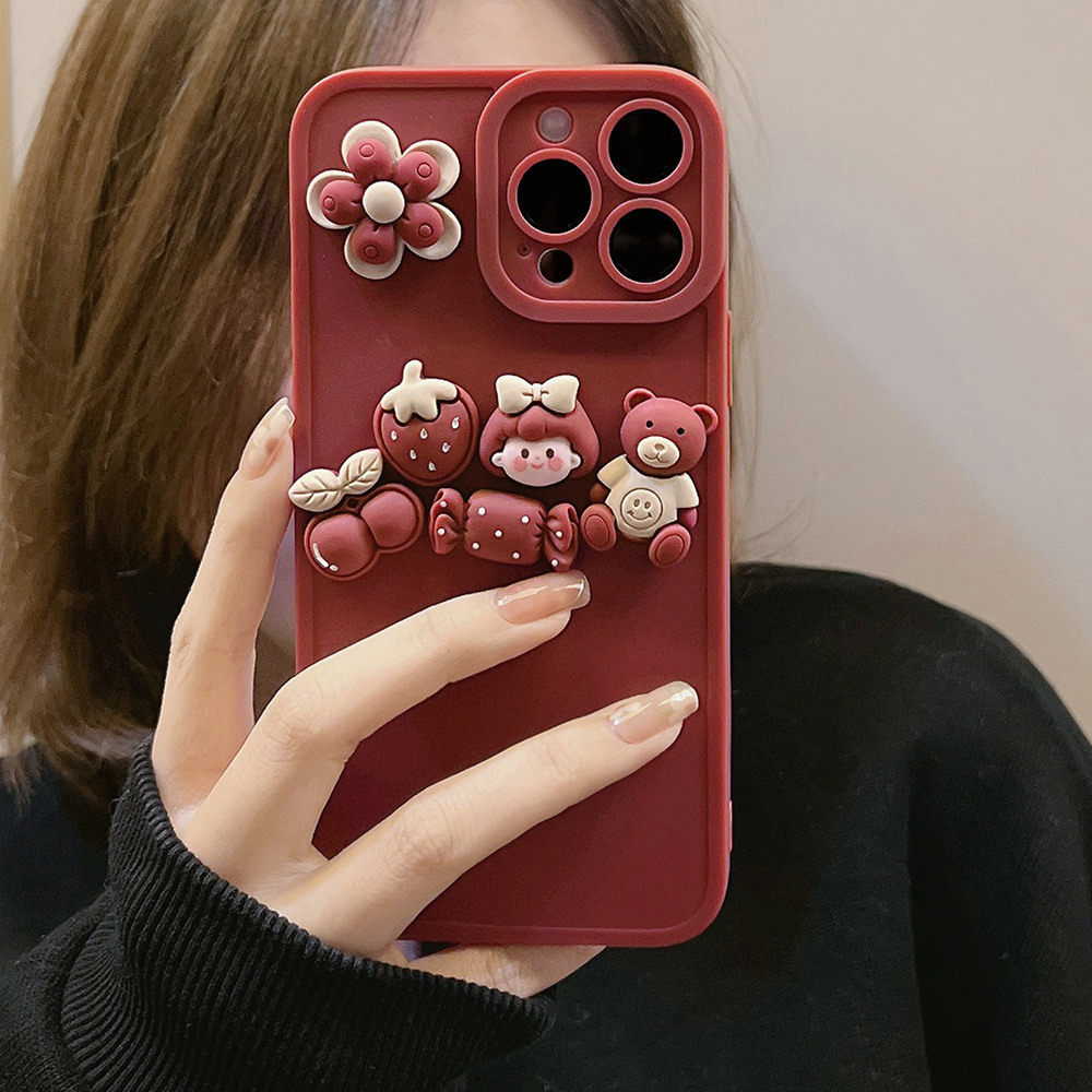 New Design Girl Liquid Silicone 3D Cute Cartoon Flower Bear Phone Case For iPhone 15 plus 14 13 pro 12 11 pro max X XS XS max