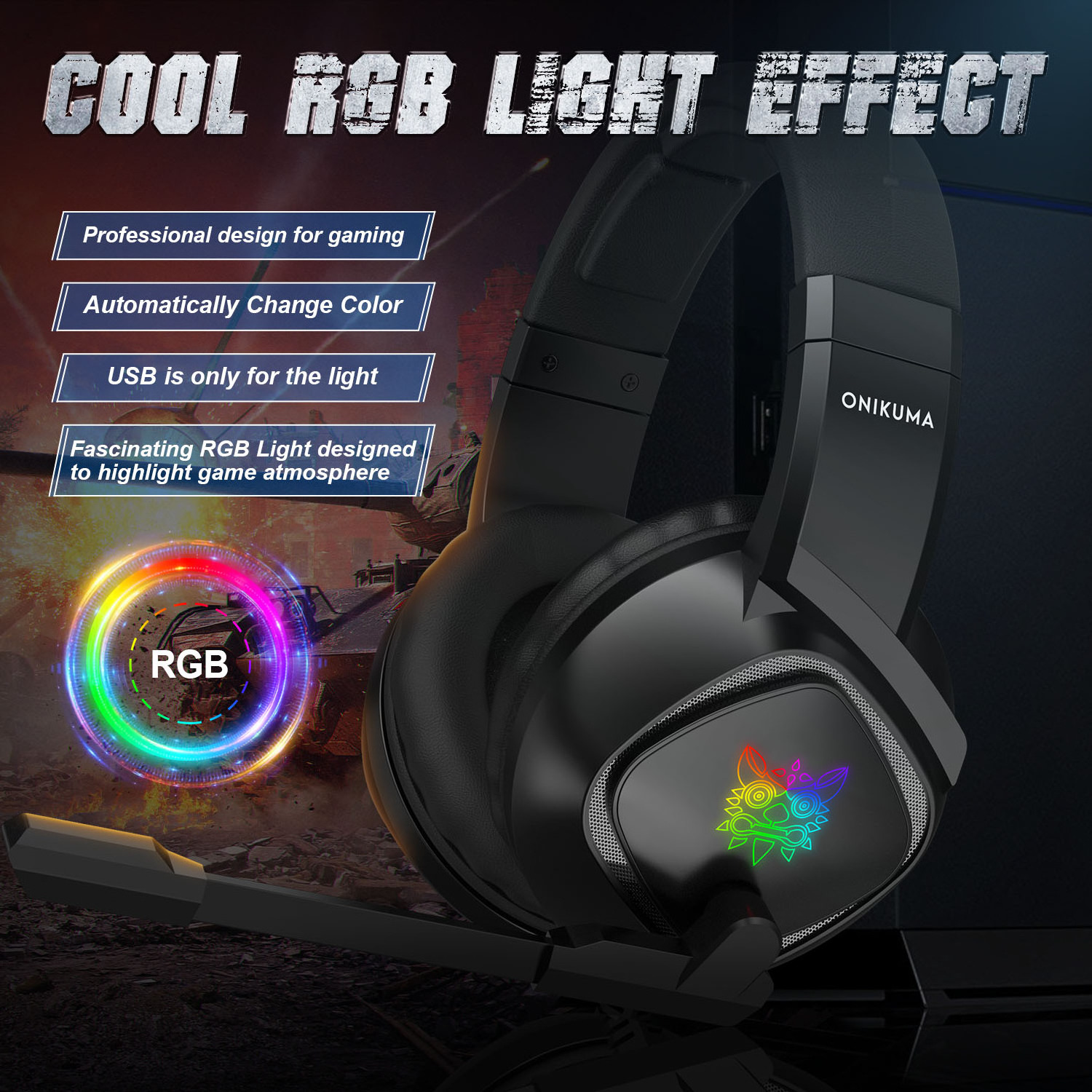 LED Light Surround Sound Bass Gamer Headphone ONIKUMA K19 3.5mm Plug & USB Port Wired Gaming Headset