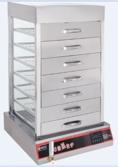 Commercial 5 layers bun steamer stainless steel steamed glass food warmer display showcase