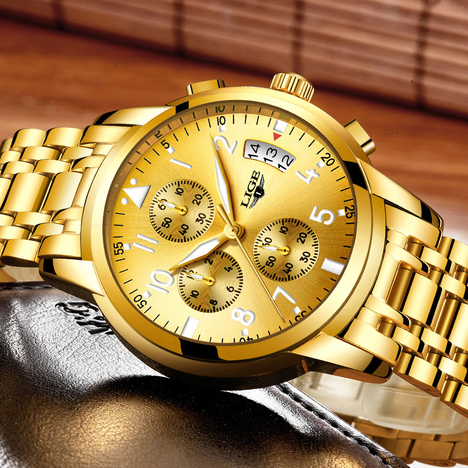 LIGE Mens Watches Gold Men's Gender Quartz Full Steel Sport Waterproof Latest Alloy Stainless Steel Watch Chronograph