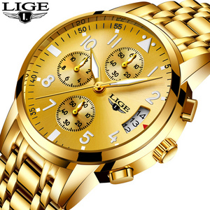 LIGE Mens Watches Gold Men's Gender Quartz Full Steel Sport Waterproof Latest Alloy Stainless Steel Watch Chronograph