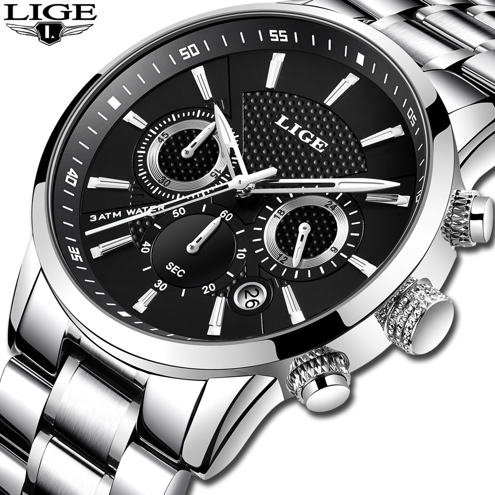 Luxury Brand LIGE 9866c Stainless Steel Material Men Watches 3 Atm Water Resistant Watch