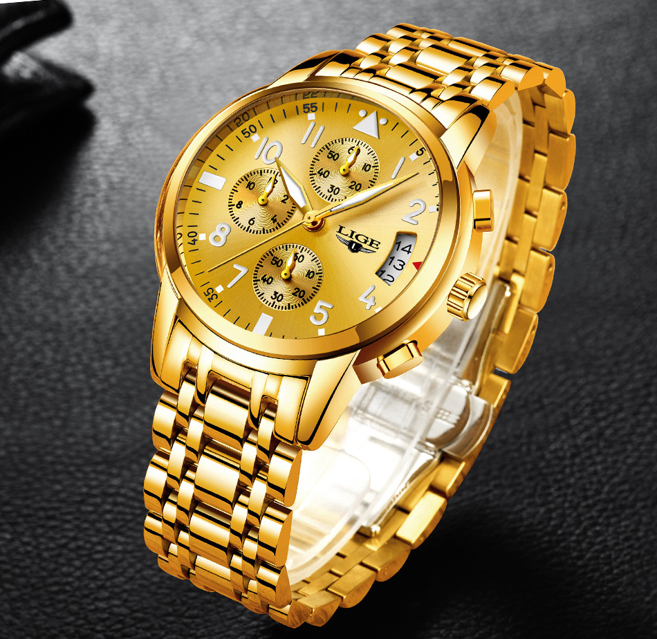 LIGE Mens Watches Gold Men's Gender Quartz Full Steel Sport Waterproof Latest Alloy Stainless Steel Watch Chronograph