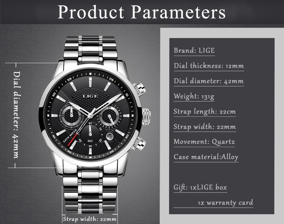 Luxury Brand LIGE 9866c Stainless Steel Material Men Watches 3 Atm Water Resistant Watch