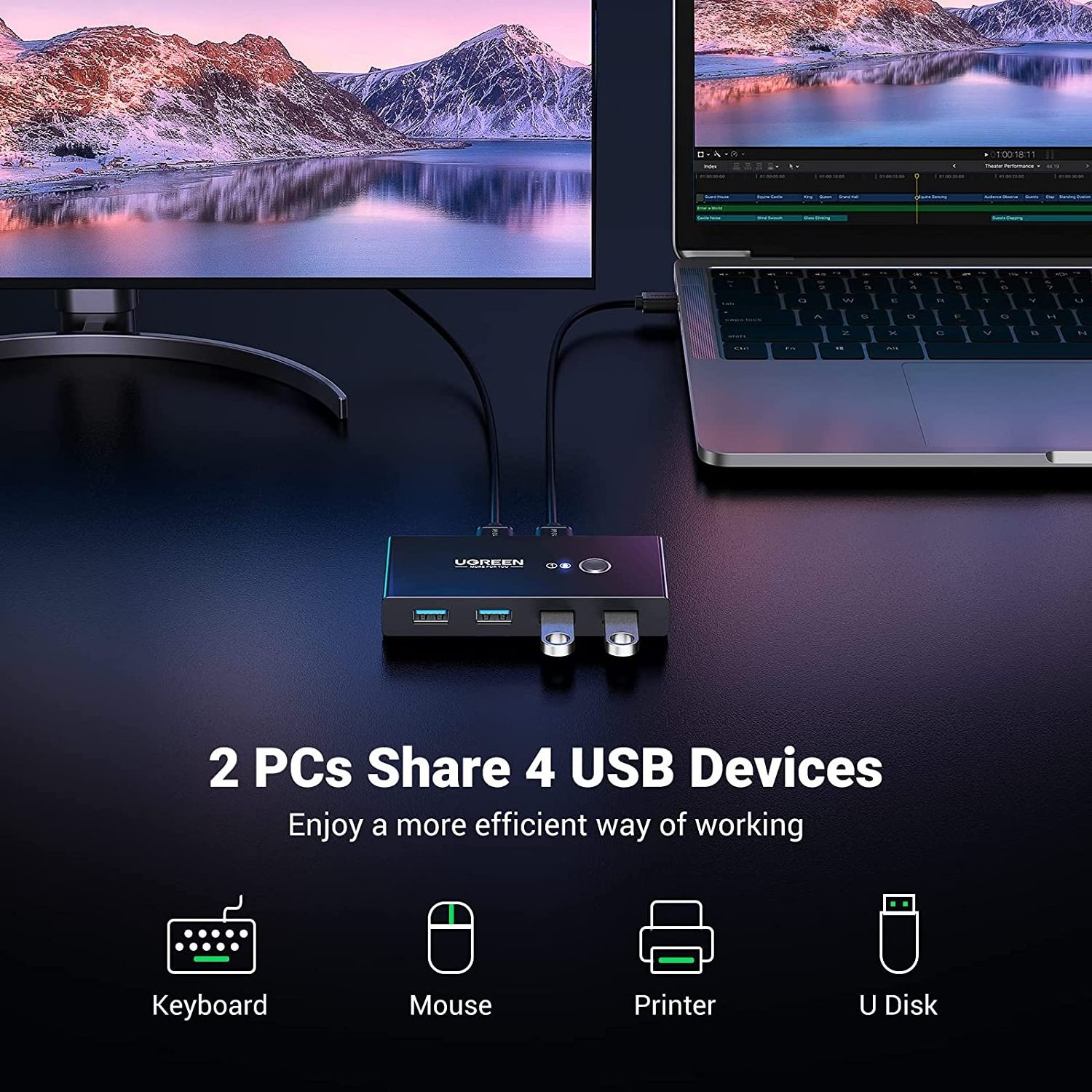 UGREEN USB 3.0 Faster Transfer Speed Switch Selector 4 Port 2 Computers Peripheral Switcher Adapter Hub