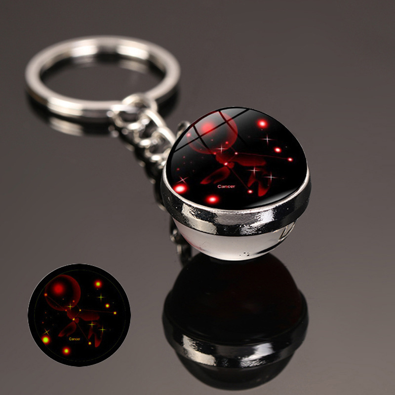 Luminous 12 Constellation Glass Ball Key Rings Double Sided Zodiac Signs Keychain For Women Glow The Dark Birthday Gift