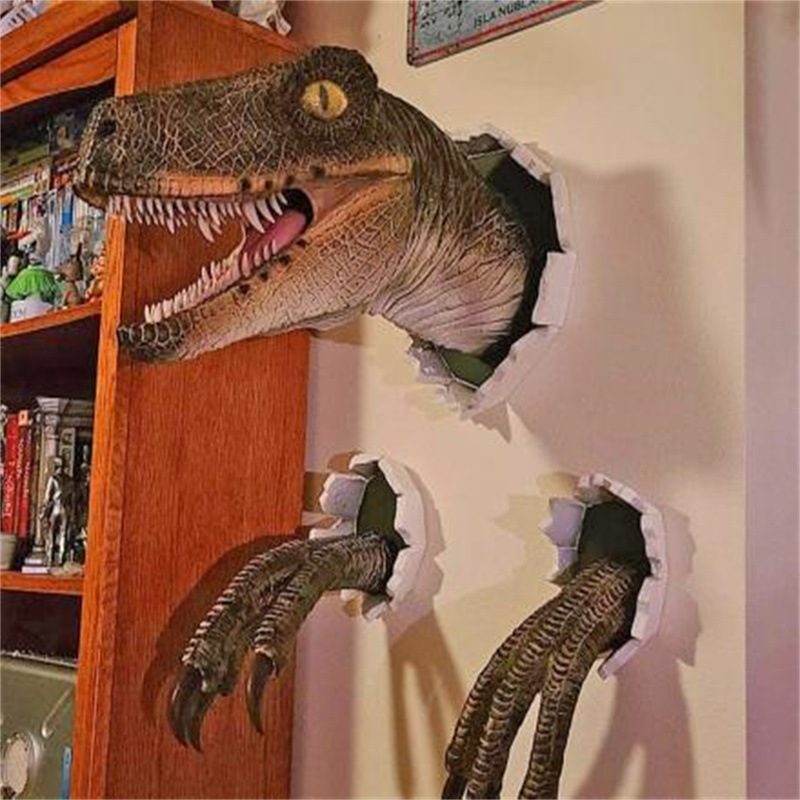 3D Wall Bursting Hanging Dinosaur Wall Mounted Sculpture Head Resin Dinosaur Head with Claws Home Decor