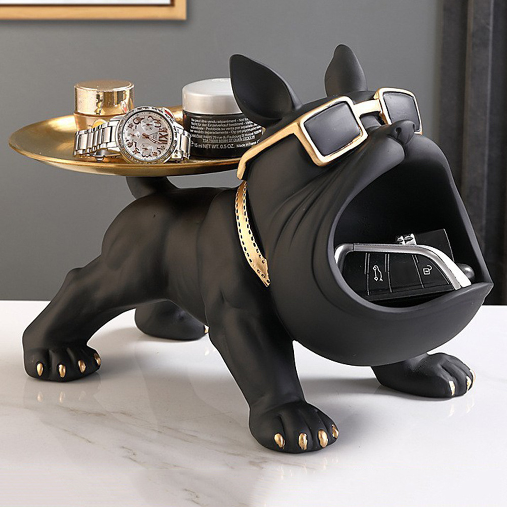 Nordic Decor Sculpture Dog Big Mouth French Bulldog Butler with Metal Tray Table Decoration Statue for Live Room Dog Sculpture