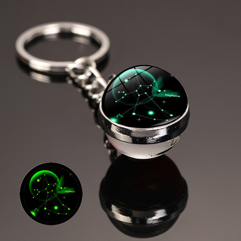 Luminous 12 Constellation Glass Ball Key Rings Double Sided Zodiac Signs Keychain For Women Glow The Dark Birthday Gift