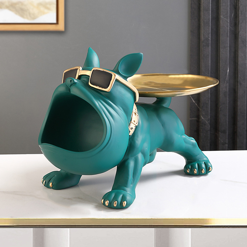 Nordic Decor Sculpture Dog Big Mouth French Bulldog Butler with Metal Tray Table Decoration Statue for Live Room Dog Sculpture