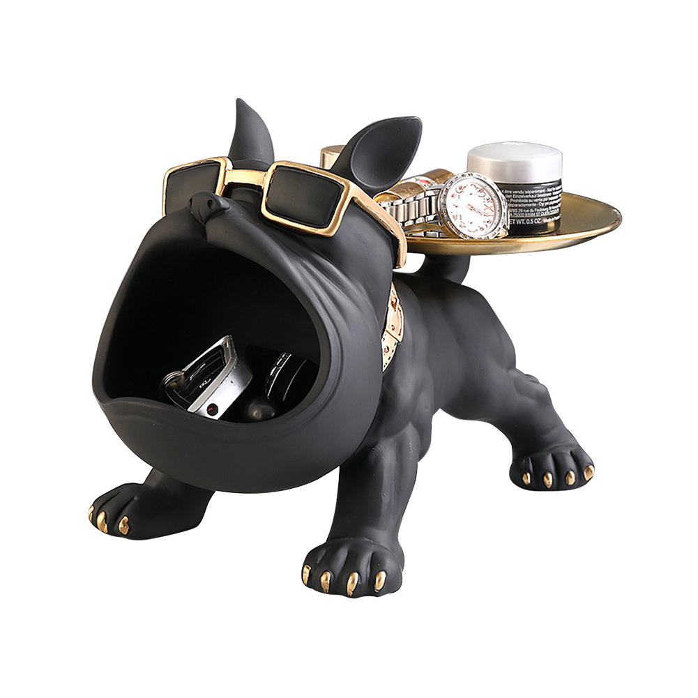 Nordic Decor Sculpture Dog Big Mouth French Bulldog Butler with Metal Tray Table Decoration Statue for Live Room Dog Sculpture