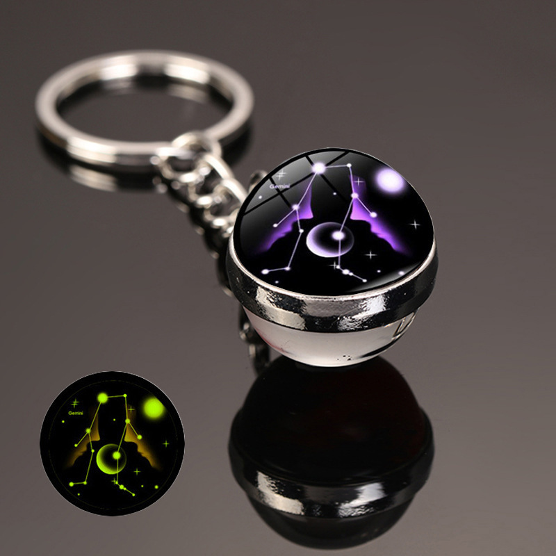 Luminous 12 Constellation Glass Ball Key Rings Double Sided Zodiac Signs Keychain For Women Glow The Dark Birthday Gift