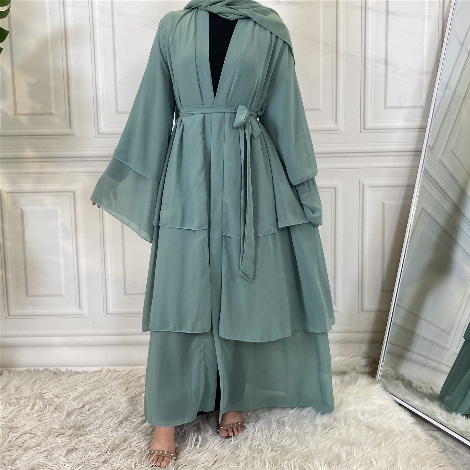 Best Seller Chiffon Open Abaya Solid Color 3 Layered Long Sleeve Dubai Abayas Cardigan Style 9 Colors