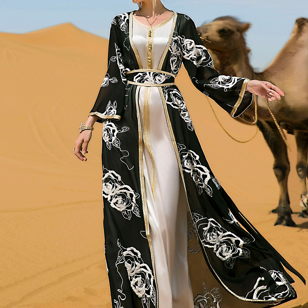 Arabian dubai black and white flower two piece set open belt Muslim abaya hijab dress islamic Muslim clothing women